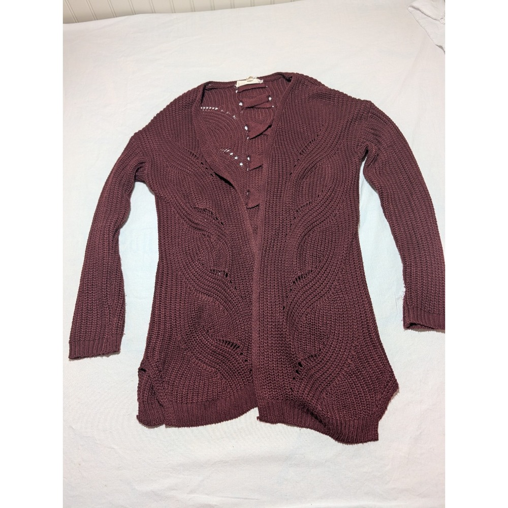 Pink Republic Burgundy Lace Up Back Open Front Knit Cardigan Sweater XS